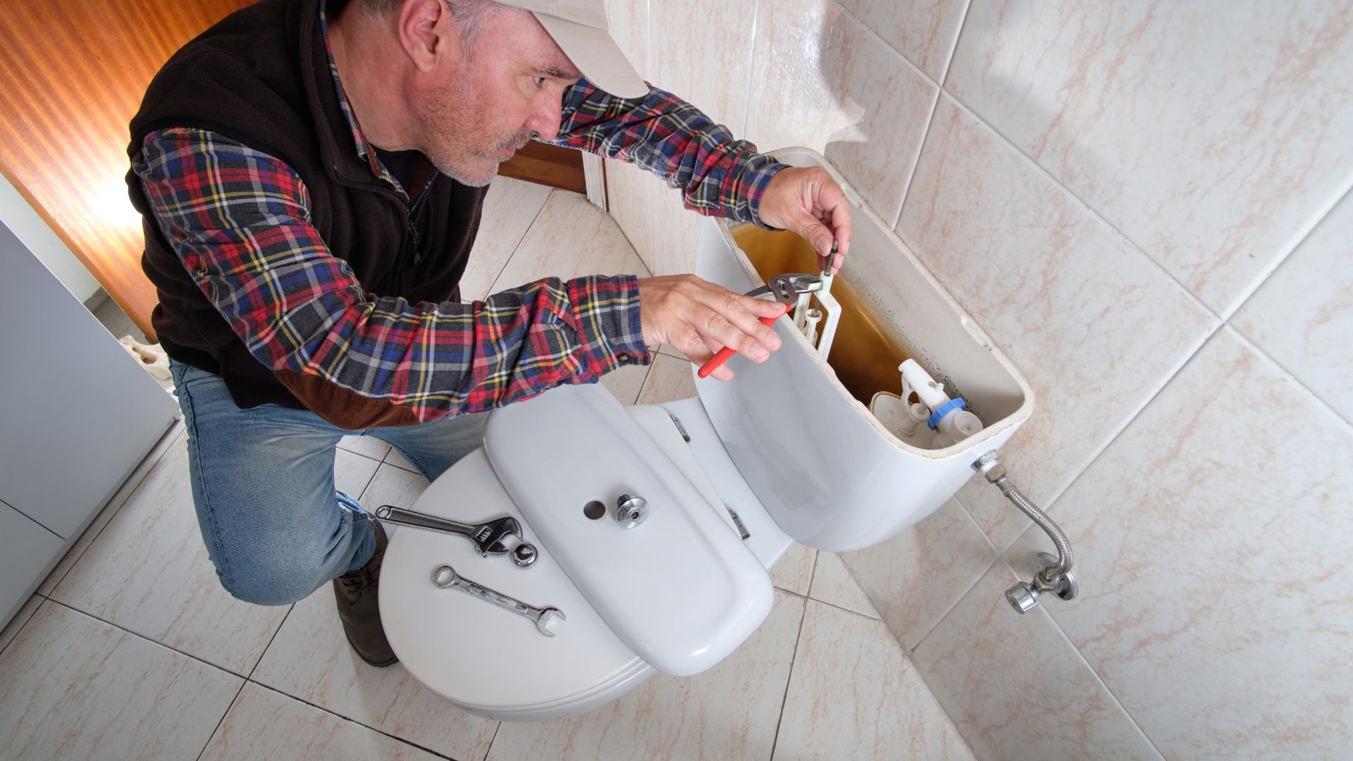 Plumber in plaid shirt repairing toilet with tools in bathroom