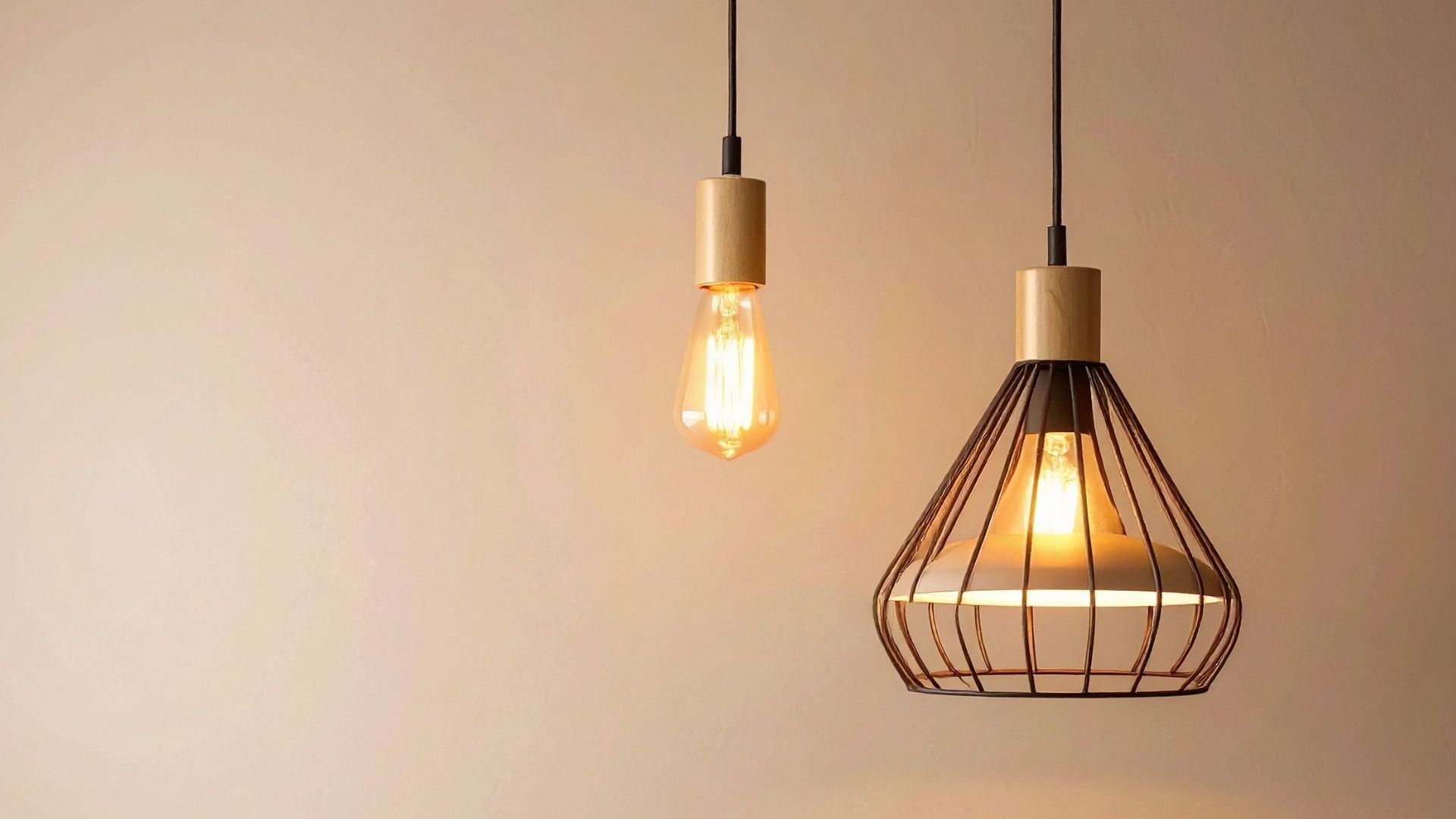Two vintage hanging light bulbs with different cage-like lampshades
